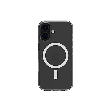 Ein durchsichtiges iPhone-Case mit integriertem MagSafe-Ring. Rückseite schwarz, Kamera und Apple-Logo sichtbar, weiße Kreise und Striche.