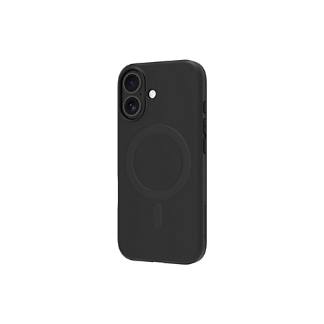 Schwarze Smartphone-Hülle, MagSafe-kompatibel, mit Kameraaussparung, Tasten und Firmenlogo.