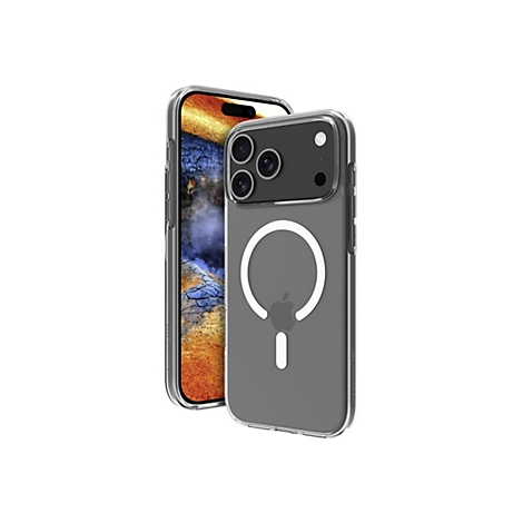 Ein iPhone mit einer durchsichtigen Hülle, die einen weißen Kreis für MagSafe zeigt.