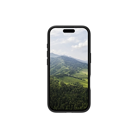 Ein schwarzes Smartphone mit Landschaftsbildschirm: grüne Hügel, Bäume, Himmel.
