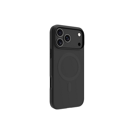 Schwarze Handyhülle für ein iPhone, Seitenansicht. Die Hülle hat eine Aussparung für die Kameras und einen kreisförmigen Magnetring.
