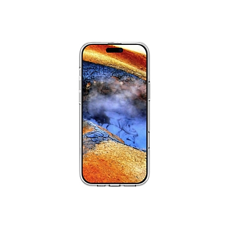 Ein Smartphone mit einer durchsichtigen Hülle zeigt ein abstraktes Landschaftsbild in Orange, Blau und Braun.