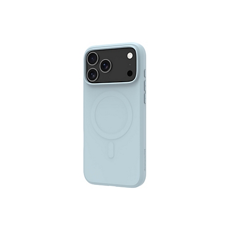 Hellblaue Handyhülle für ein Smartphone mit Kamera-Ausschnitt, Knöpfen und MagSafe-Kreis.