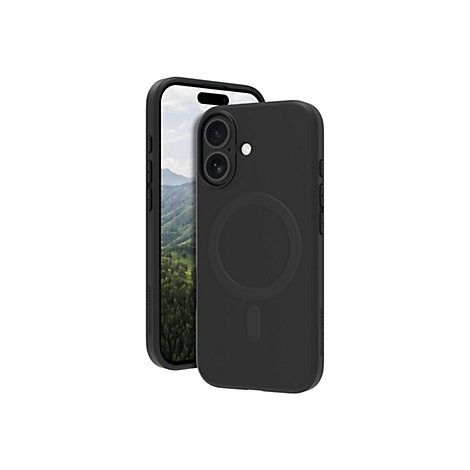 Ein schwarzes iPhone mit schwarzer Hülle, die einen kreisförmigen Magneten auf der Rückseite zeigt. Der Bildschirm zeigt ein Landschaftsfoto.