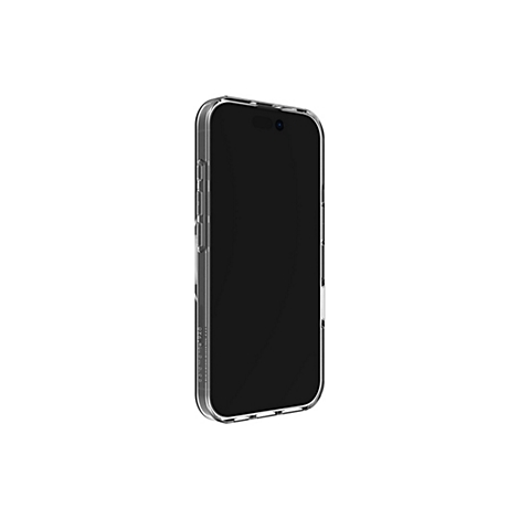 Un étui de téléphone transparent protège un smartphone noir sur fond blanc.