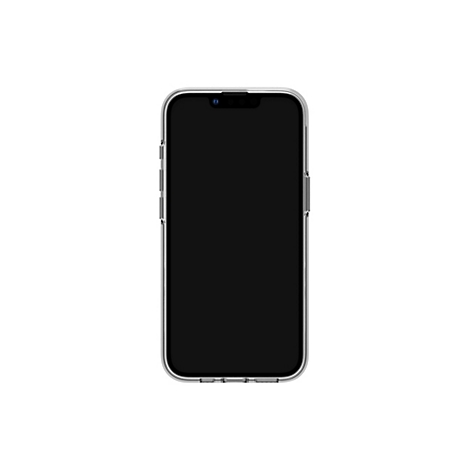 Un smartphone avec un écran noir, dans une coque de protection transparente, sur fond blanc.