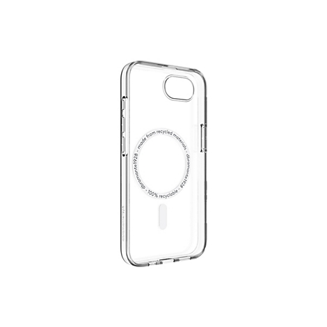 Coque de téléphone transparente, avec texte 'made from recycled materials' et '100% recyclable'.