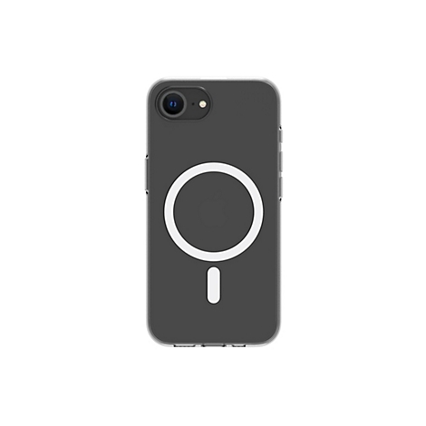 Un iPhone dans un étui transparent, un cercle blanc avec un tiret vertical au dos.