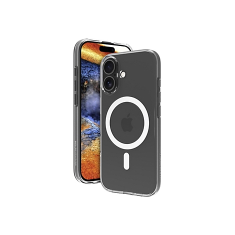 Un iPhone dans une coque de protection transparente compatible avec MagSafe. Un anneau blanc et une ligne en dessous sont visibles au dos de la coque.