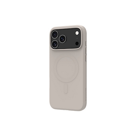 Coque de téléphone beige avec découpe pour appareil photo et cercle MagSafe.