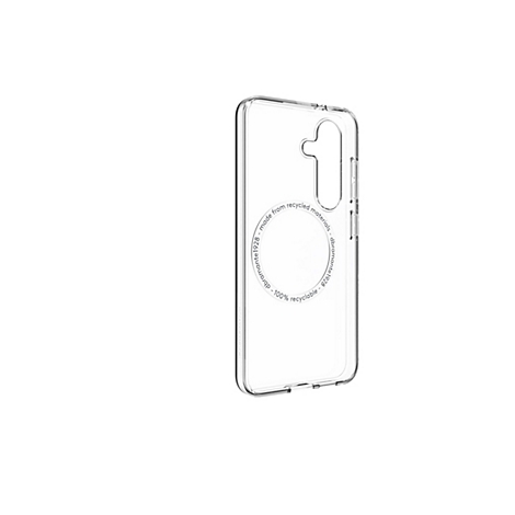 Coque de téléphone transparente aux coins arrondis, avec le logo 'dbramante1928' et l'inscription 'made from recycled materials'.