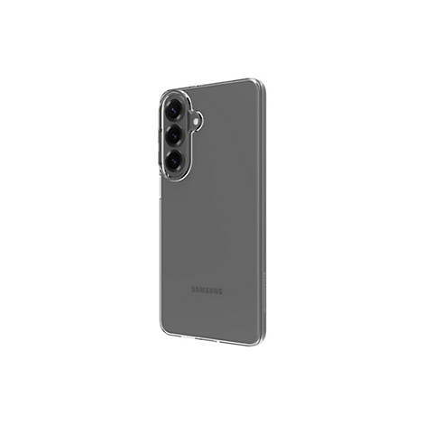 Un smartphone gris avec une coque de protection transparente, sur fond blanc. Trois caméras à l'arrière.