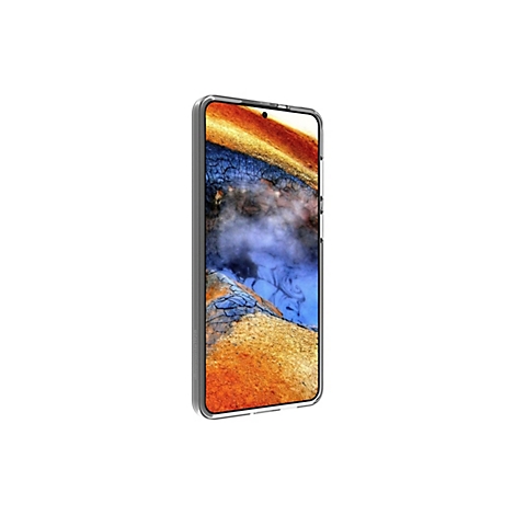 Smartphone, in klarer Schutzhülle. Das Display zeigt eine Landschaft in Braun-, Blau- und Gelbtönen, dahinter ein weißer Hintergrund.
