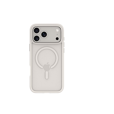 Beige Handyhülle mit Kameraausschnitt und Apple-Logo, vor weißem Hintergrund.