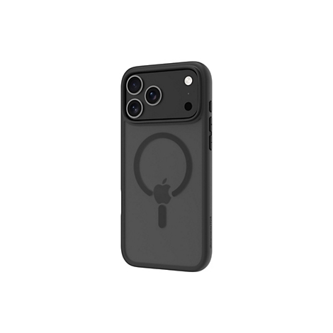 Schwarze Handyhülle mit Kameraausschnitt und Apple-Logo, vor weißem Hintergrund.
