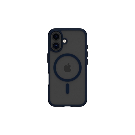 Eine Handyhülle für ein Smartphone, dunkelgrau mit blauen Rändern. Auf der Rückseite ist das Apple-Logo zu sehen.