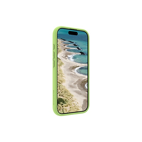 Ein iPhone in hellgrüner Schutzhülle, das einen Strand mit Wellen zeigt.