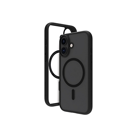 Schwarze Handyhülle und transparente Handyhülle nebeneinander, Detailansicht. Auf der Rückseite der schwarzen Hülle ist ein Magnetring zu sehen.