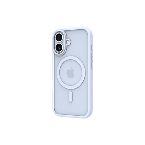 Hellblaues iPhone Case mit Kamerabereichen, Apple Logo und MagSafe Ring.