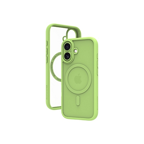 Hellgrüne Handyhülle mit Sichtfenster. Auf der Rückseite ist ein Ring und das Apple-Logo zu sehen. Daneben ein grüner Rahmen. Auf dem transparenten Teil steht Text.