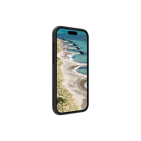 Ein schwarzes Smartphone mit einer schwarzen Hülle, das einen Strand mit Meer zeigt. Auf der Hülle ist der Schriftzug "dbramante1928" zu sehen.