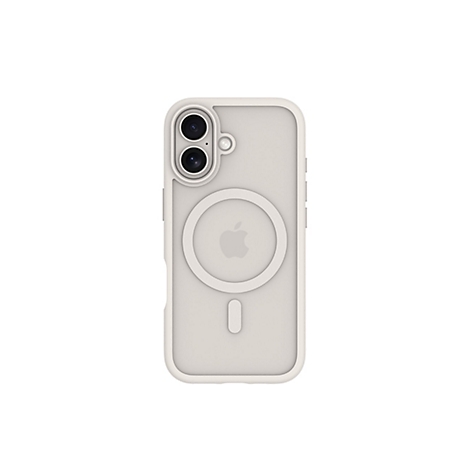 Hellgraue Handyhülle für ein iPhone, auf hellem Hintergrund. Rückseite mit Kameraöffnungen, Apple-Logo und Magnetring.