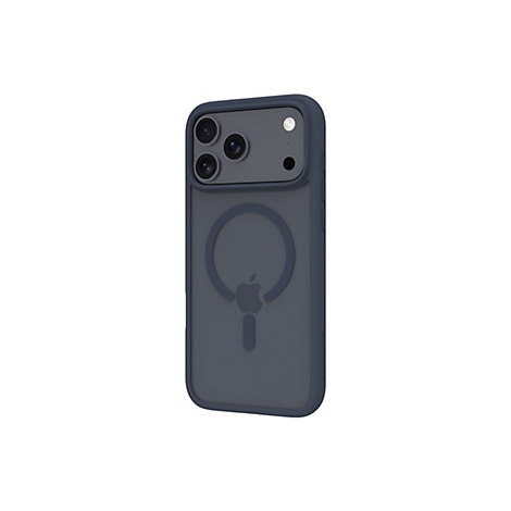 Dunkelblaue Handyhülle für ein Smartphone mit drei Kameras, weißem Hintergrund. Das Apple-Logo ist auf der Rückseite sichtbar.