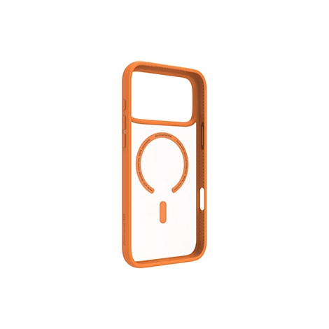 Orangene Handyhülle für Smartphones, mit durchsichtiger Rückseite und einem Magnetring. Auf der Hülle stehen Texte wie "dbramante1928" und "made with recycled materials. 100% recyclable."