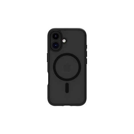 Schwarzes Handycase für ein Smartphone. Auf der Rückseite ist ein magnetischer Kreis mit einem Apple Logo und eine Aussparung zu sehen.