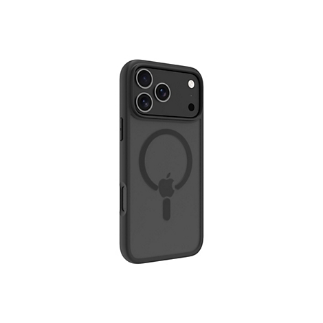 Schwarze Handyhülle mit Kameraausschnitt und Apple-Logo, vor weißem Hintergrund.