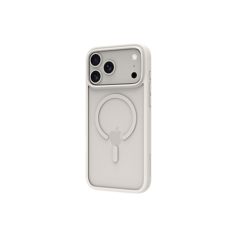 Hellgraue Handyhülle für ein iPhone, mit einer weißen Umrandung. Auf der Rückseite ist ein Kreis mit dem Apple-Logo abgebildet.