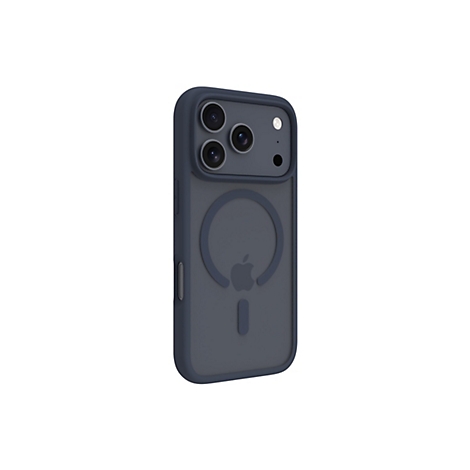 Dunkelblaue iPhone-Hülle. Rückseite mit Kameraausschnitt und Apple-Logo, umgeben von einem dunklen Rahmen.