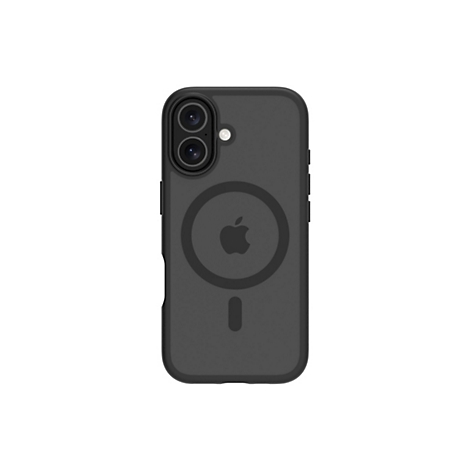 Dunkelgraue Handyhülle für ein Smartphone mit integriertem MagSafe-Ring und Apple-Logo, Kamera und Blitz.