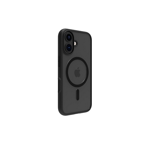 Schwarzes iPhone-Case mit zwei Kamera-Linsen, Apple-Logo und Aussparung für das Aufladen.