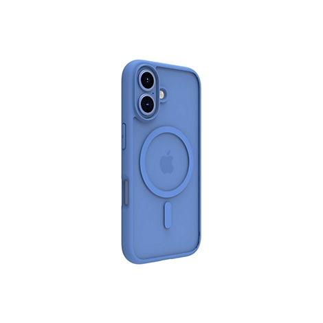 Blaues Handycase, seitlich dargestellt. Auf der Rückseite ist das Apple-Logo und ein kreisförmiges Element zu sehen. Auf der Seite befinden sich Knöpfe.