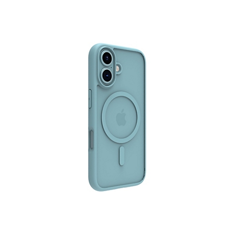 Hellblaues iPhone-Case mit zwei Kamera-Aussparungen, Lautstärke- und Stummschalttaste. Auf der Rückseite ist das Apple-Logo zu sehen.