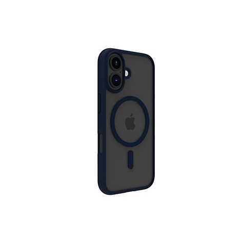 Ein graues iPhone in einer blauen Hülle auf weißem Grund. Die Hülle zeigt das Apple-Logo und die Kamera.