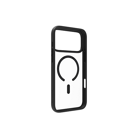 Schwarze, transparente Handyhülle, mit abgerundeten Ecken und MagSafe-Kreis.