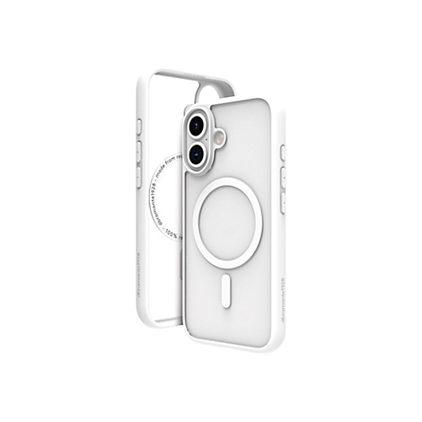 Weißes Handycase vor weißem Hintergrund. Mit eingebautem Magnetring und Kameralinsen-Ausschnitten. Seitlich sind Knöpfe angedeutet.