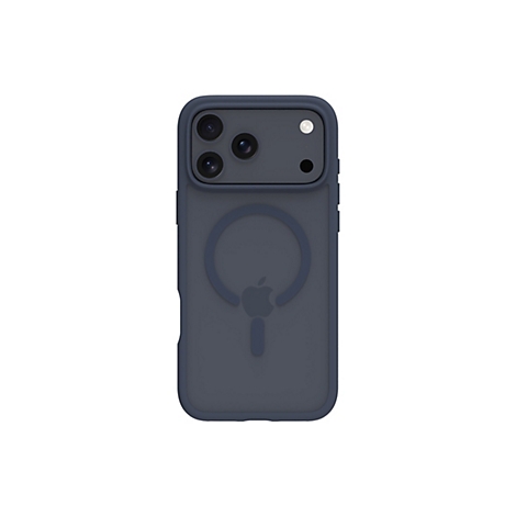 Dunkelblaue Handyhülle. Auf der Rückseite sind Kameraobjektive und das Apple-Logo zu sehen.
