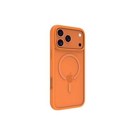 Orangenes iPhone-Case mit dreifacher Kamera und Apple-Logo, auf weißem Hintergrund.