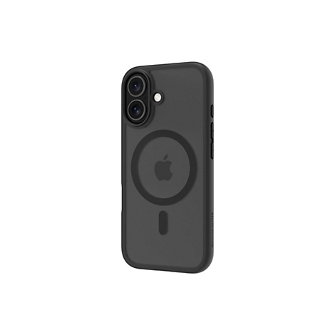Schwarze Handyhülle mit Kameraausschnitt und Apple-Logo, isoliert auf weißem Hintergrund.