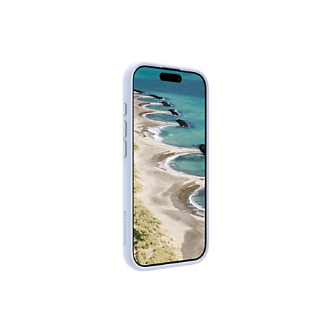 Hellblaues iPhone mit Hülle, zeigt eine Küstenlandschaft. Auf der Seite ist der Name des Herstellers zu sehen.