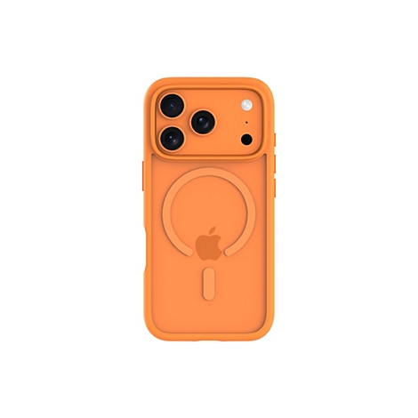 Orangefarbene Handyhülle für ein Smartphone mit Kameraausschnitt und Apple-Logo.