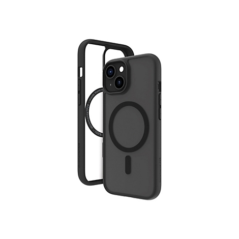 Un étui noir pour iPhone avec un cadre transparent. Un cercle magnétique est visible à l'arrière.