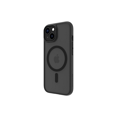 Coque de téléphone noire avec découpe pour appareil photo et logo Apple entouré d'un cercle sombre, sur fond blanc.
