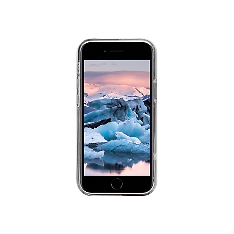 Ein Smartphone mit einer transparenten Hülle, auf dessen Display eine Gletscherlandschaft zu sehen ist. Blaues Eis und schneebedeckte Berge spiegeln sich im Wasser.