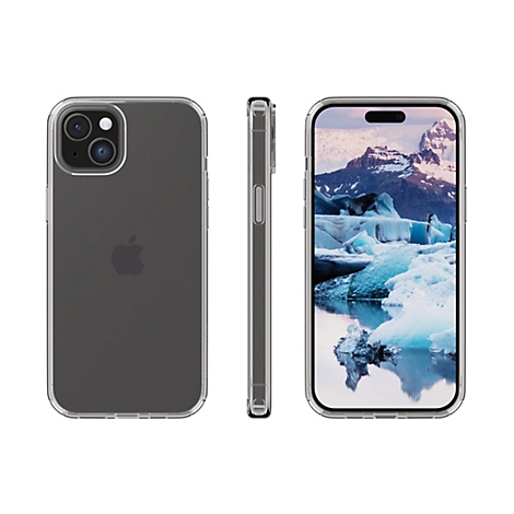 Drei Ansichten eines Smartphones mit transparentem Case. Auf dem Bildschirm ist eine Landschaft mit Gletschern abgebildet.