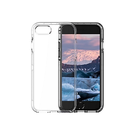 Ein klares iPhone-Case schützt ein Smartphone, das ein Eislandschaft-Foto zeigt.