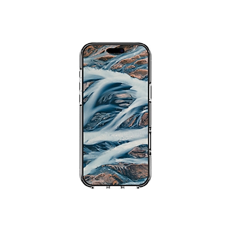 Ein Smartphone mit einer transparenten Schutzhülle, das einen Landschafts-Hintergrund zeigt. Die Hülle umrandet das Gerät in transparentem Silber.